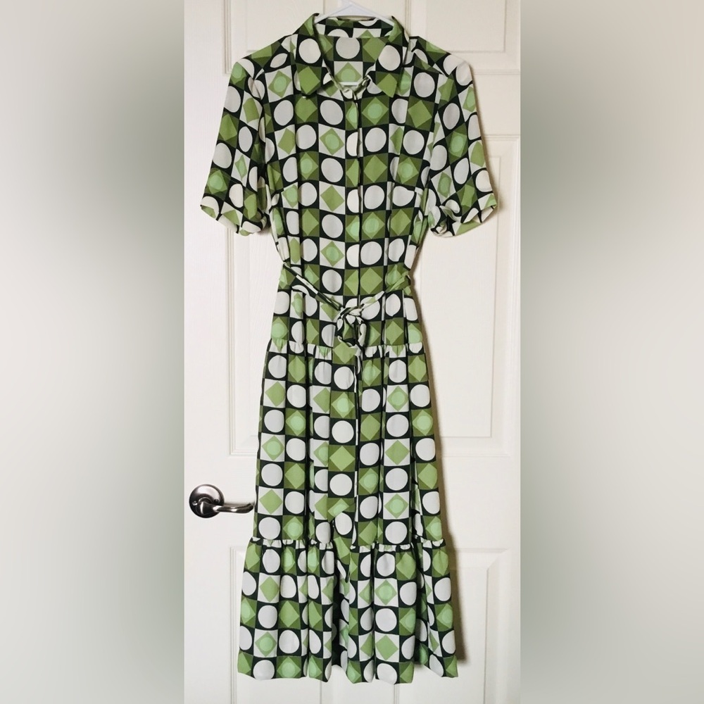 Maggy London Maxi Tiered Shirtdress belted geometric Green Black Ivory Ruffled